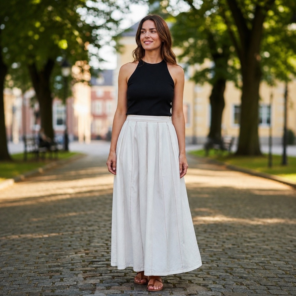 ILLA ILLA Skirt Womens M White Linen Blend Maxi Boho Flowy Brown Contrast Stitch